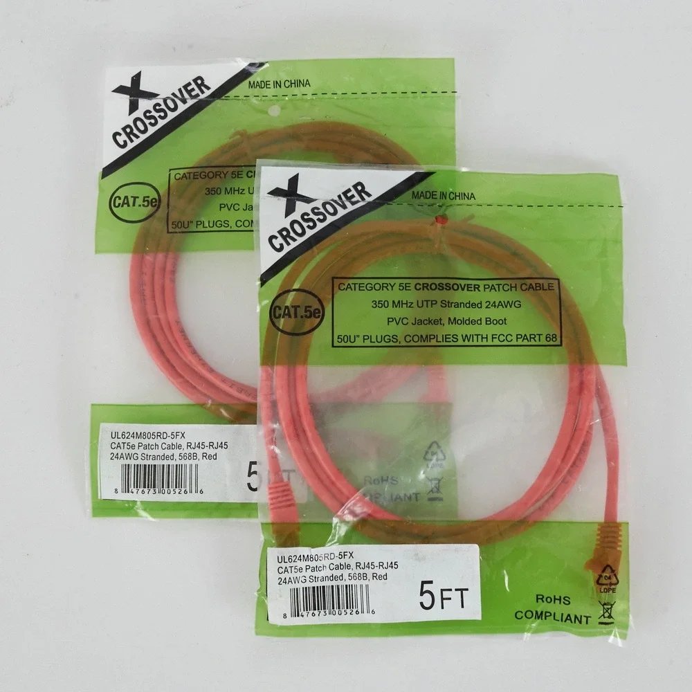 2 Pack Crossover CAT5e Patch Cable‎ 5FT Red Stranded 24AWG RJ45 Molded Boot